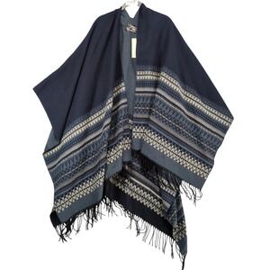 Young USA‎ Blue Reversible Aztec Fringe Poncho Womens One Size Cape Southwestern